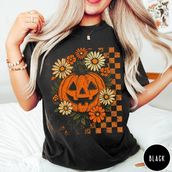 Checkered Floral Pumpkin T-Shirt, Retro Preppy Halloween Tee Gray Orange Size S - Picture 1 of 6